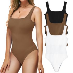 Ribbed Seamless Bodysuit for Women, Sleeveless Shapewear Tank Top for Tummy Control, Sexy Body Sculpting Suits 3 Pack (Color: Black+coffee+White, size: S)