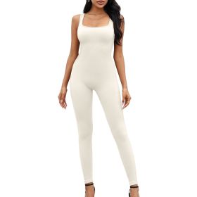 Women Yoga Romper Workout Ribbed Sleeveless Sport Stretch Jumpsuit Playsuit (Color: Beige, size: L)