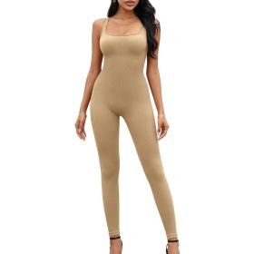 Women Yoga Romper Workout Ribbed Sleeveless Sport Stretch Jumpsuit Playsuit (Color: Light Coffee, size: S)
