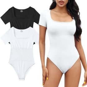 2 Piece Short Sleeve Bodysuits for Women Sexy Ribbed Square Neck Top (Color: Black+White, size: M)