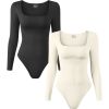2 Pcs Long Sleeve Bodysuit Jumpsuit for Women, Seamless Ribbed Square Neck Shapewear for Women