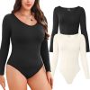 Women Long Sleeve Bodysuits 2 Pack, V Neck Sexy Tops with Ribbed Seamless Design