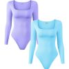 2 Pcs Long Sleeve Bodysuit Jumpsuit for Women, Seamless Ribbed Square Neck Shapewear for Women